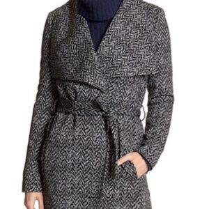 Banana Republic Sz 4 Belted Wrap Coat Black White Herringbone Parisian Chic